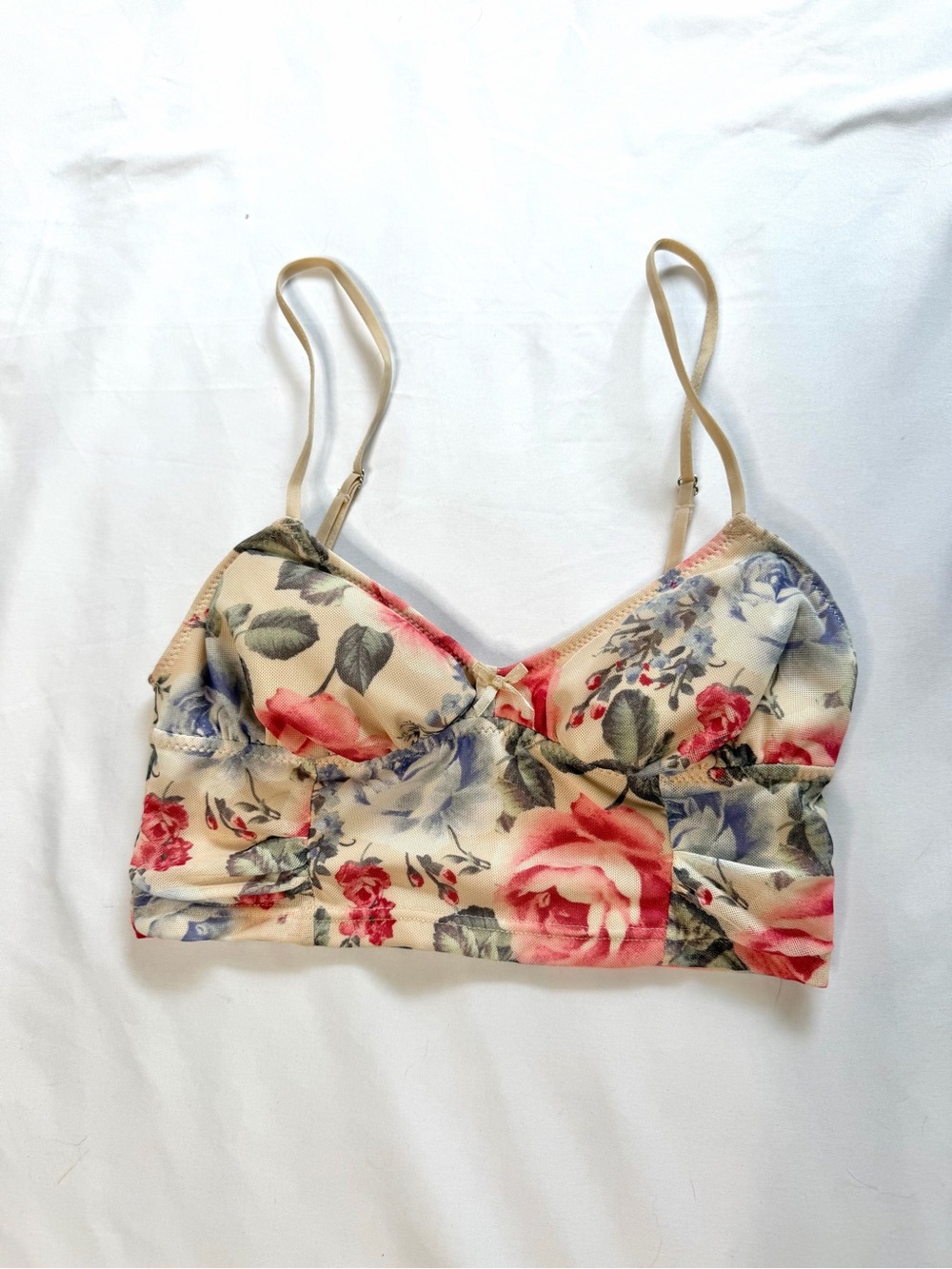 Forever 21 Cream Floral Print Bralette with Pink & Blue Roses